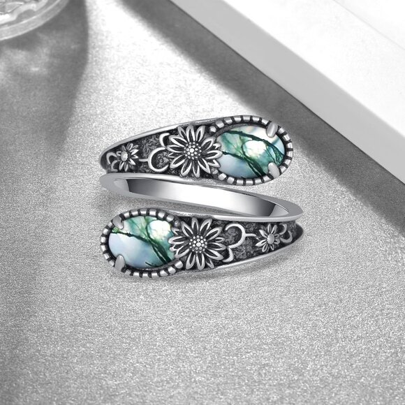 Sterling Silver Moss Agate Ring Vintage Antique Inspired Adjustable Jewelry - Picture 5 of 6